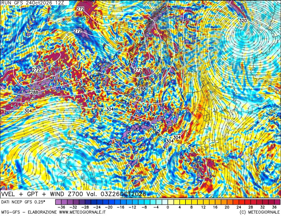 mappa 700 hPa Velocità verticiali + GPT + Vento