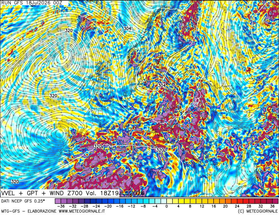 mappa 700 hPa Velocità verticiali + GPT + Vento