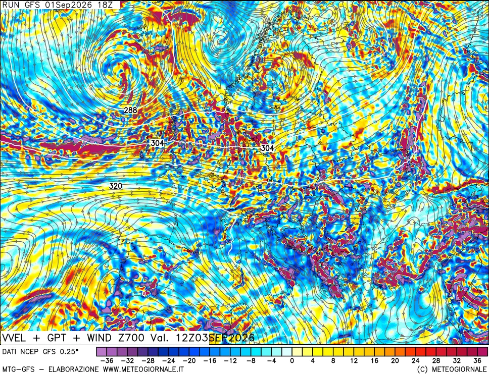mappa 700 hPa Velocità verticiali + GPT + Vento