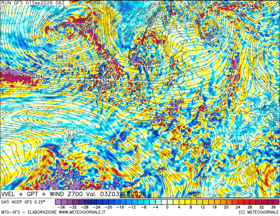mappa 700 hPa Velocità verticiali + GPT + Vento