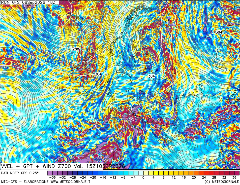 mappa 700 hPa Velocità verticiali + GPT + Vento