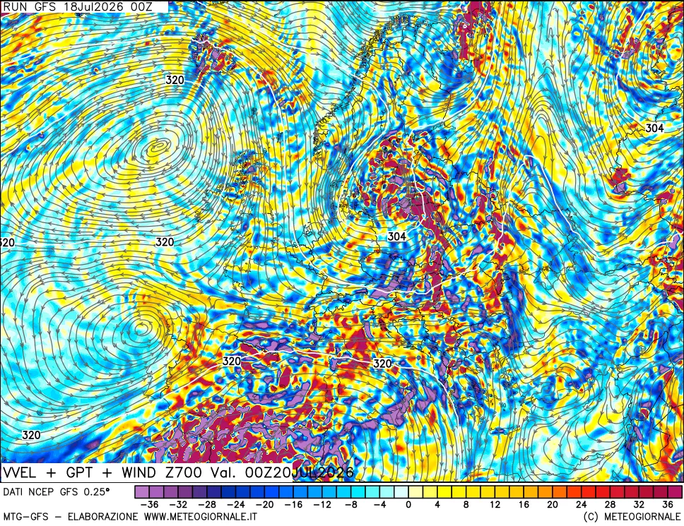 mappa 700 hPa Velocità verticiali + GPT + Vento