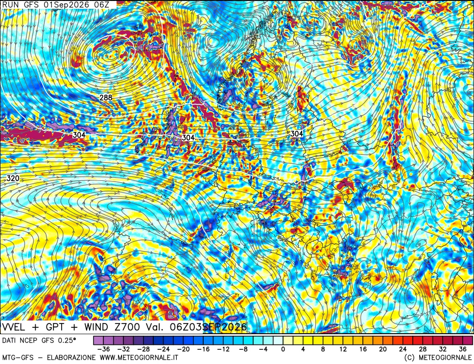 mappa 700 hPa Velocità verticiali + GPT + Vento