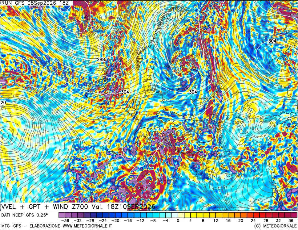 mappa 700 hPa Velocità verticiali + GPT + Vento