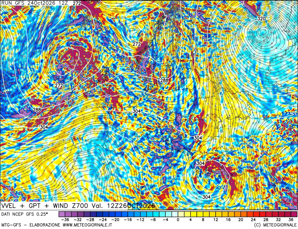 mappa 700 hPa Velocità verticiali + GPT + Vento
