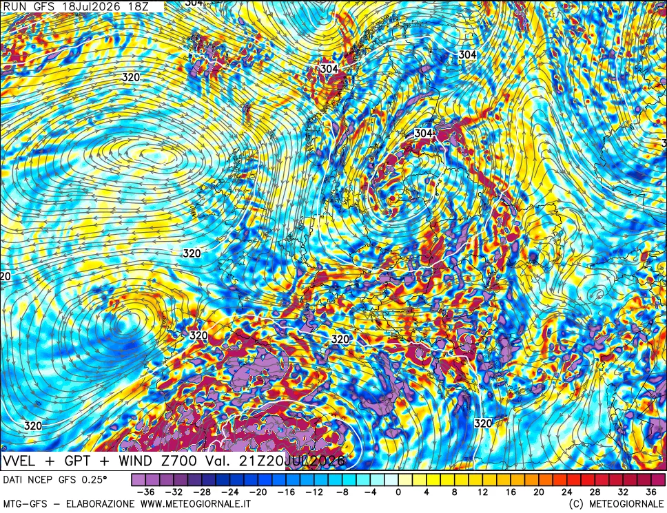 mappa 700 hPa Velocità verticiali + GPT + Vento
