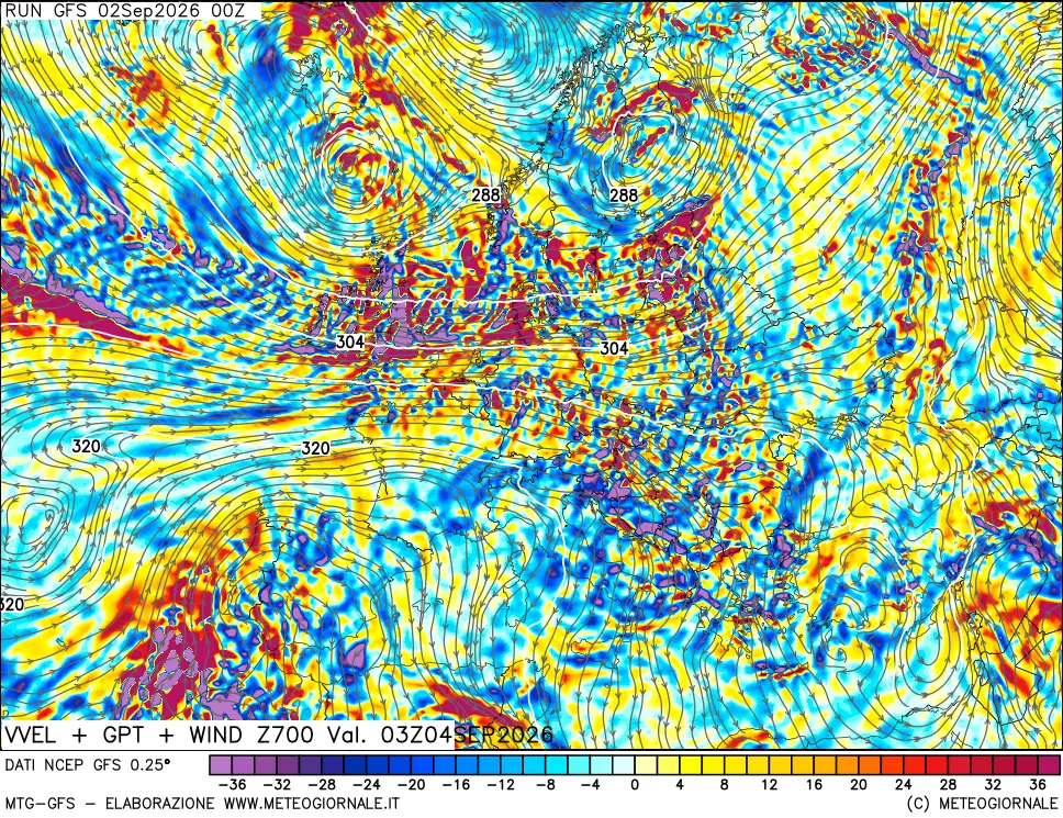 mappa 700 hPa Velocità verticiali + GPT + Vento