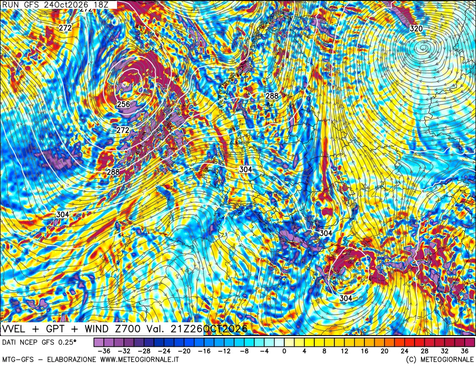 mappa 700 hPa Velocità verticiali + GPT + Vento