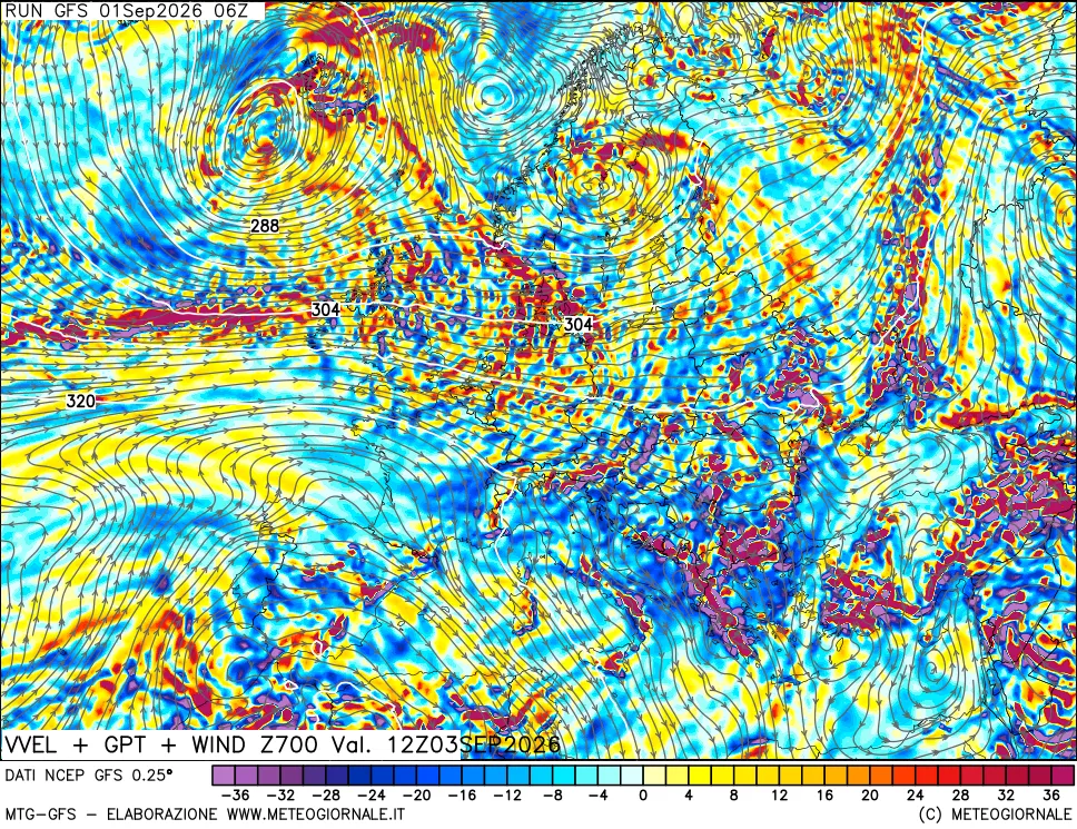 mappa 700 hPa Velocità verticiali + GPT + Vento