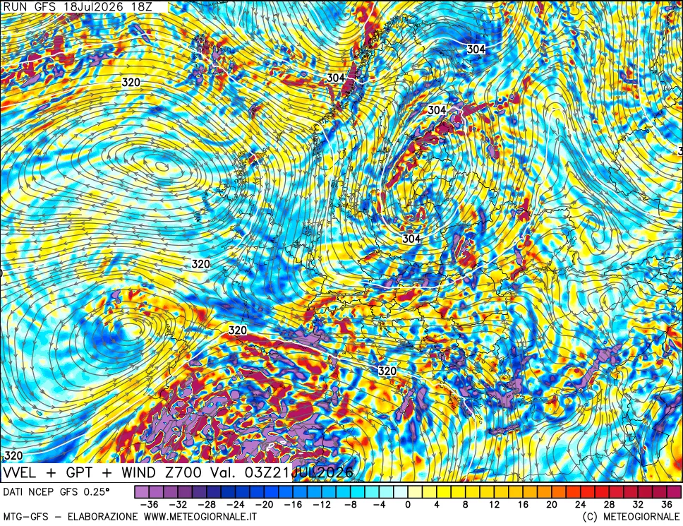 mappa 700 hPa Velocità verticiali + GPT + Vento