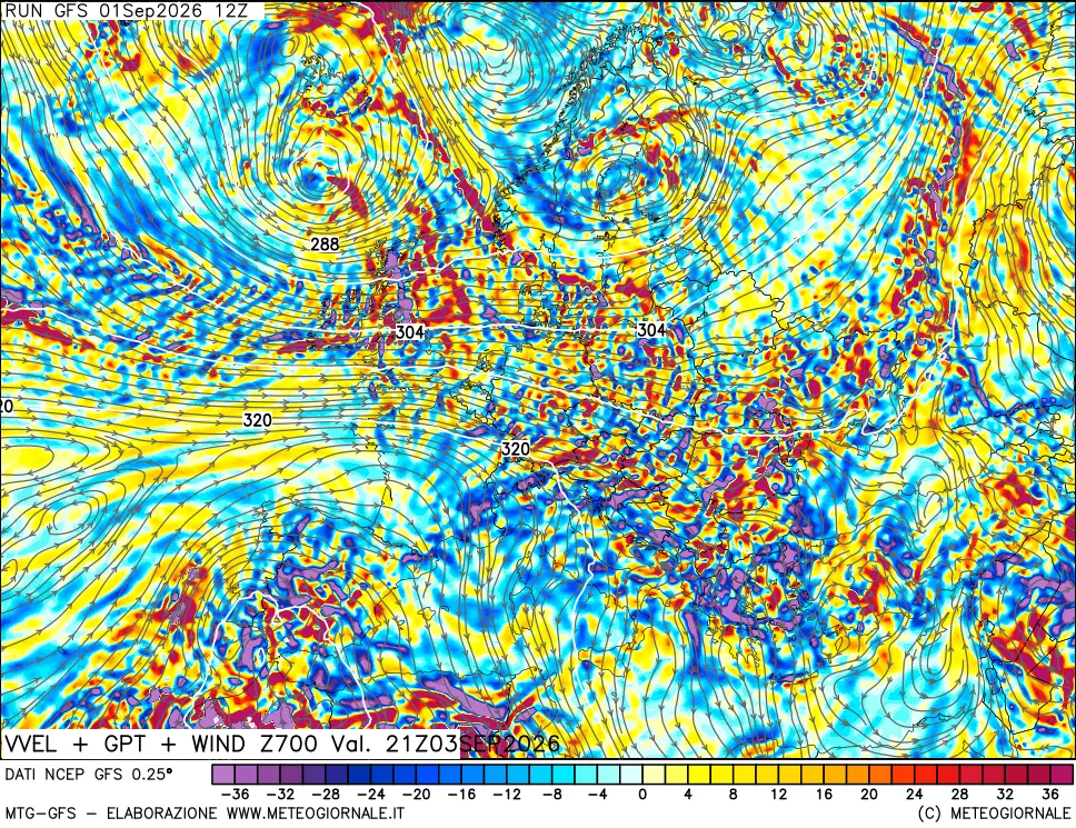 mappa 700 hPa Velocità verticiali + GPT + Vento