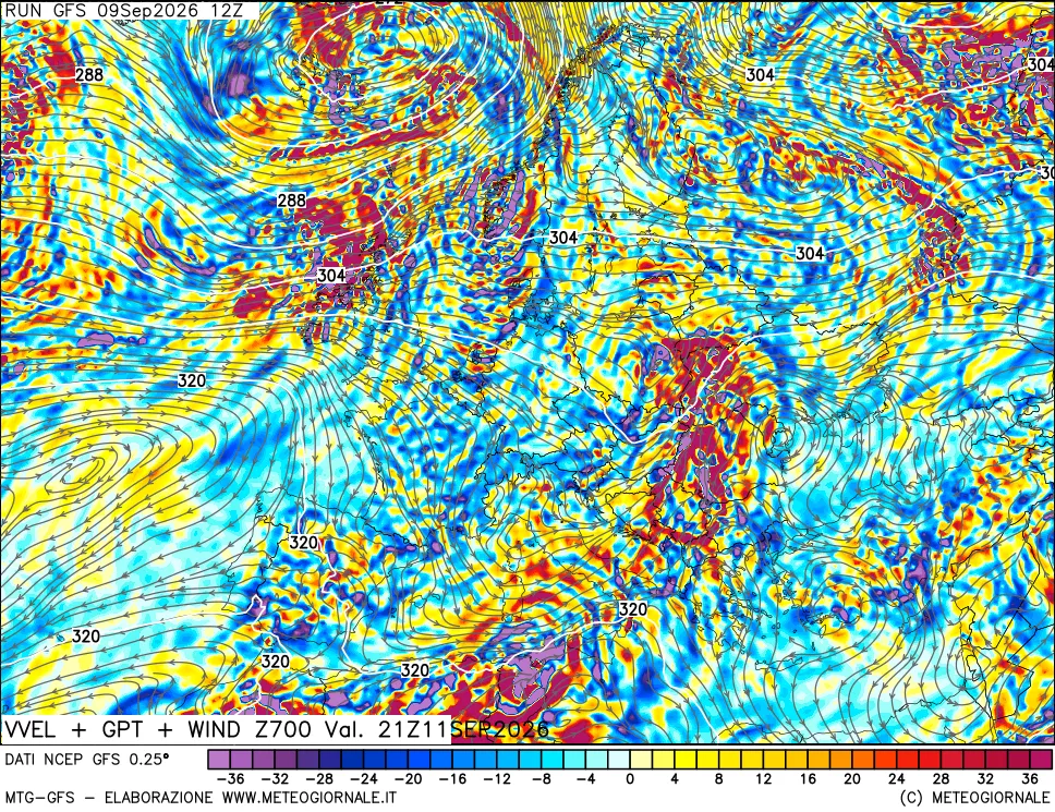 mappa 700 hPa Velocità verticiali + GPT + Vento