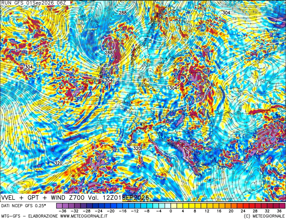 mappa 700 hPa Velocità verticiali + GPT + Vento