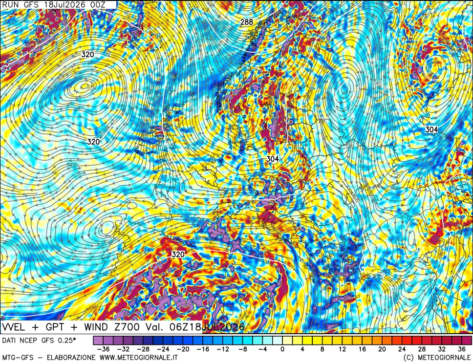 mappa 700 hPa Velocità verticiali + GPT + Vento