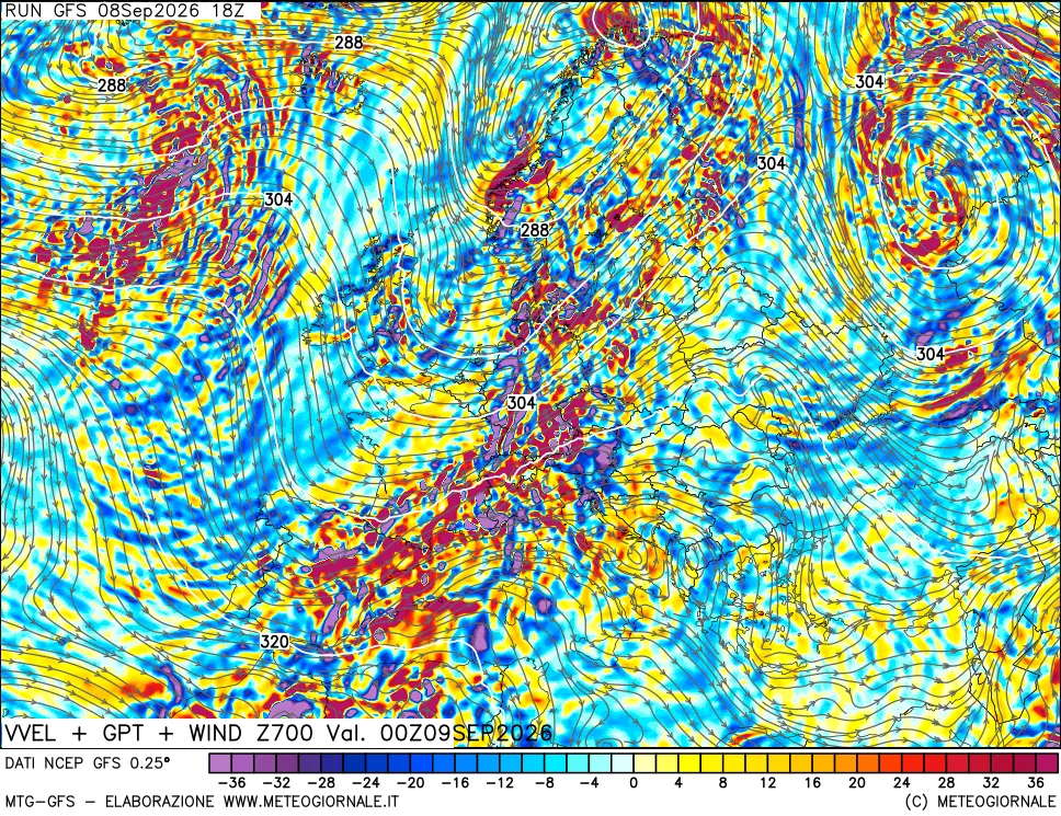 mappa 700 hPa Velocità verticiali + GPT + Vento