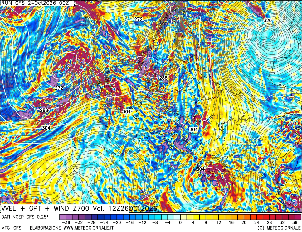 mappa 700 hPa Velocità verticiali + GPT + Vento
