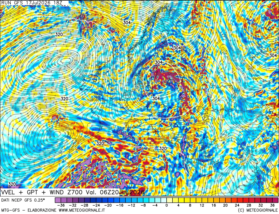 mappa 700 hPa Velocità verticiali + GPT + Vento