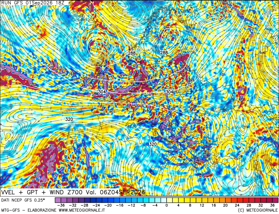 mappa 700 hPa Velocità verticiali + GPT + Vento
