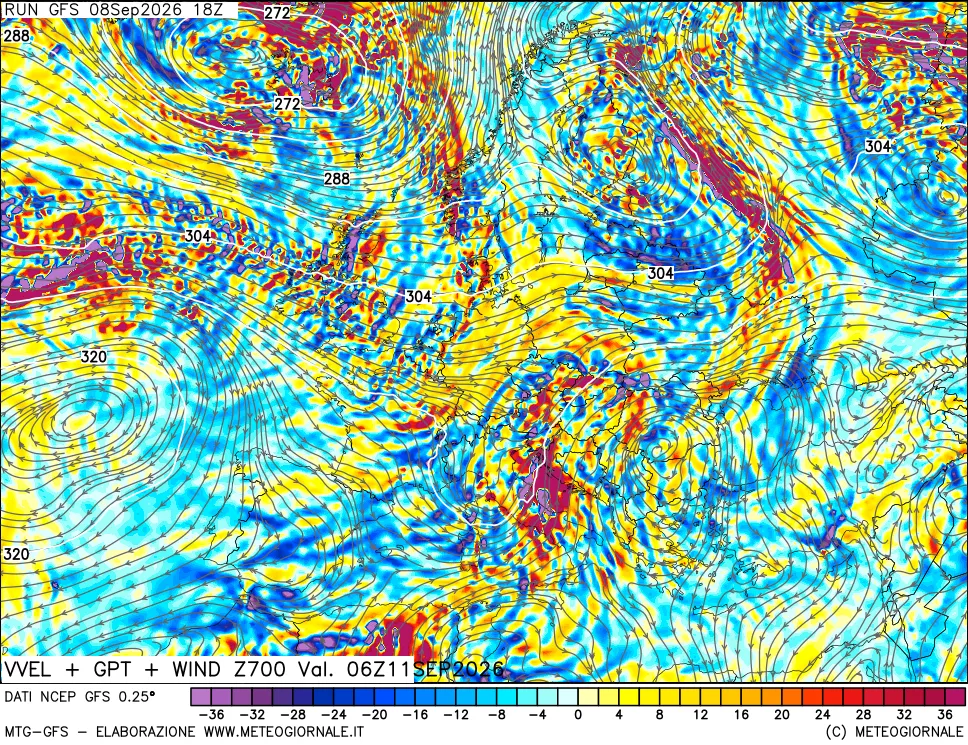 mappa 700 hPa Velocità verticiali + GPT + Vento