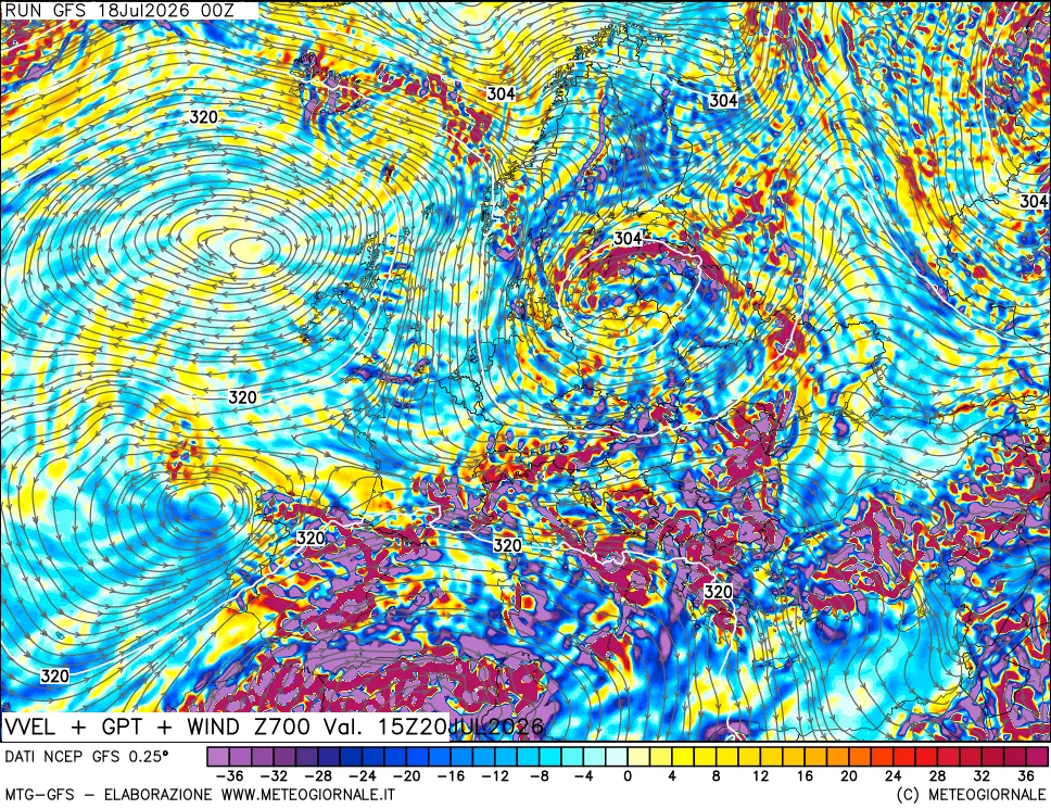 mappa 700 hPa Velocità verticiali + GPT + Vento
