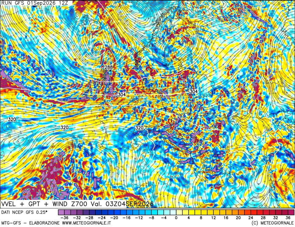 mappa 700 hPa Velocità verticiali + GPT + Vento