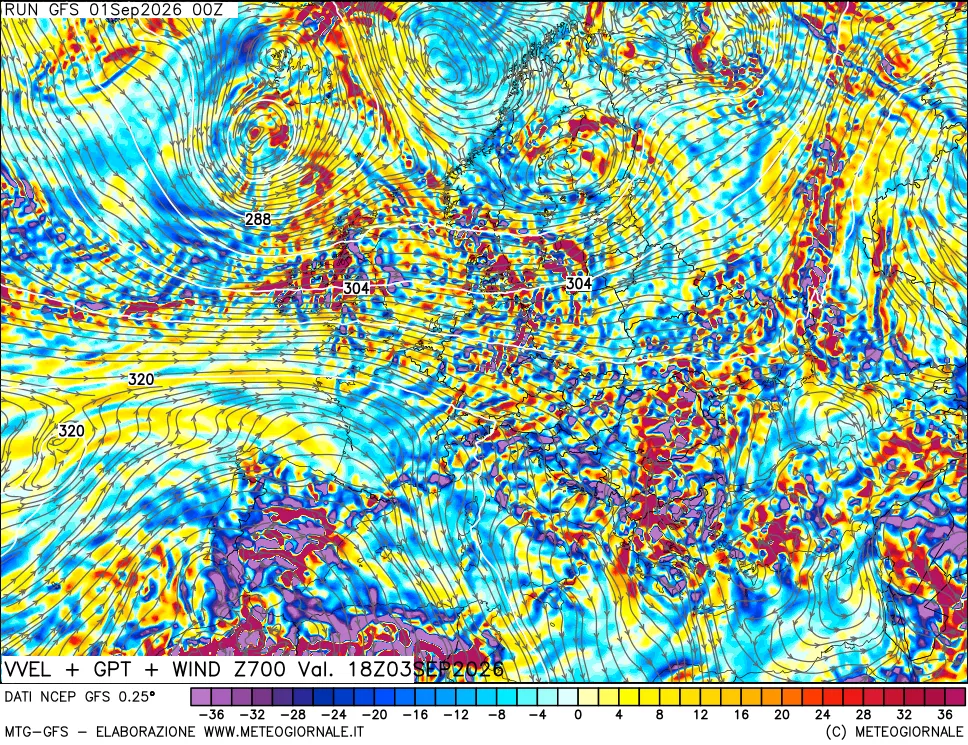 mappa 700 hPa Velocità verticiali + GPT + Vento