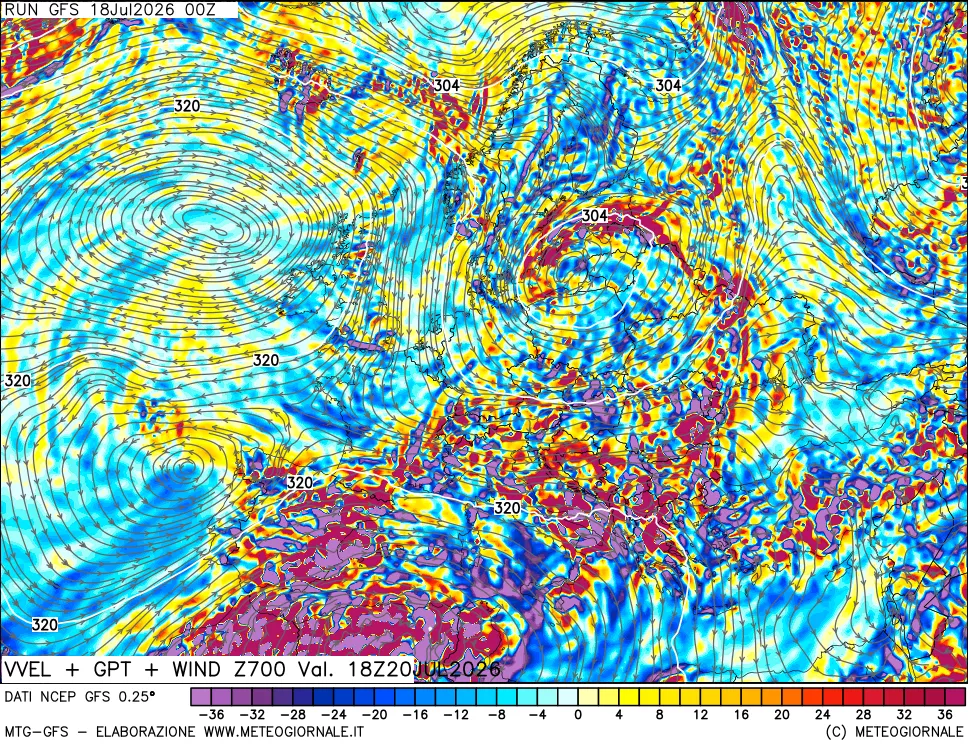 mappa 700 hPa Velocità verticiali + GPT + Vento