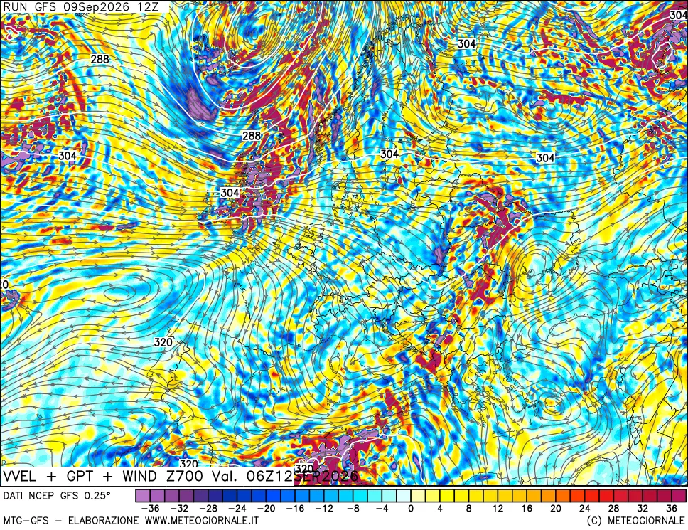 mappa 700 hPa Velocità verticiali + GPT + Vento