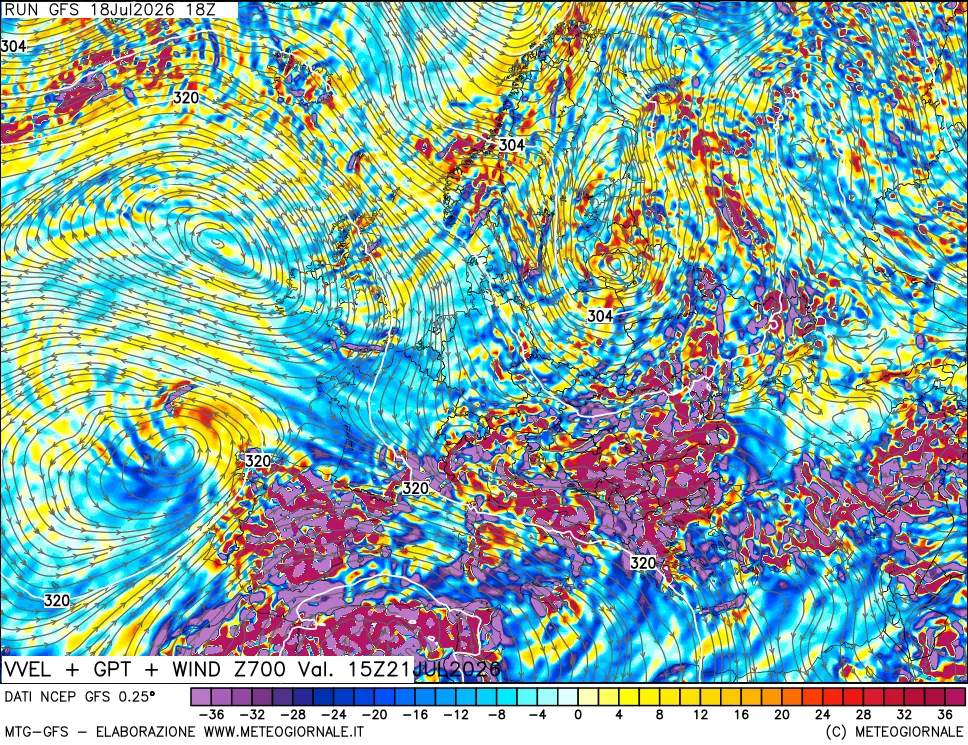mappa 700 hPa Velocità verticiali + GPT + Vento