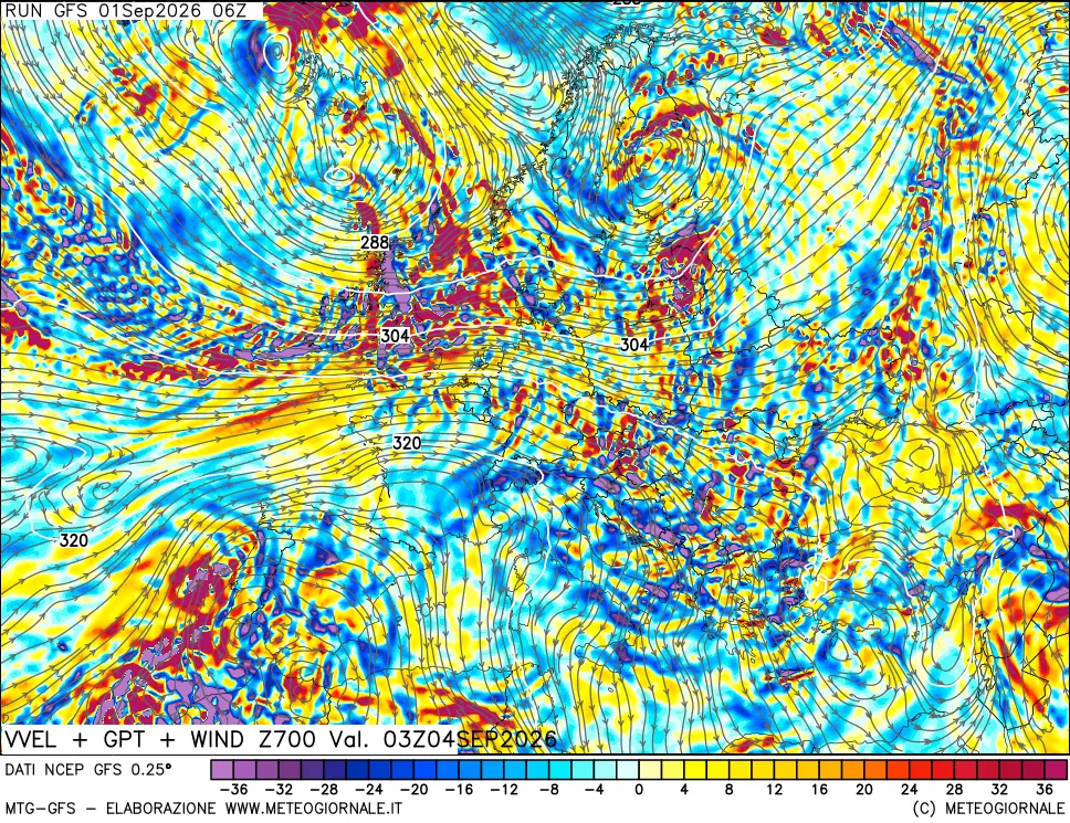 mappa 700 hPa Velocità verticiali + GPT + Vento