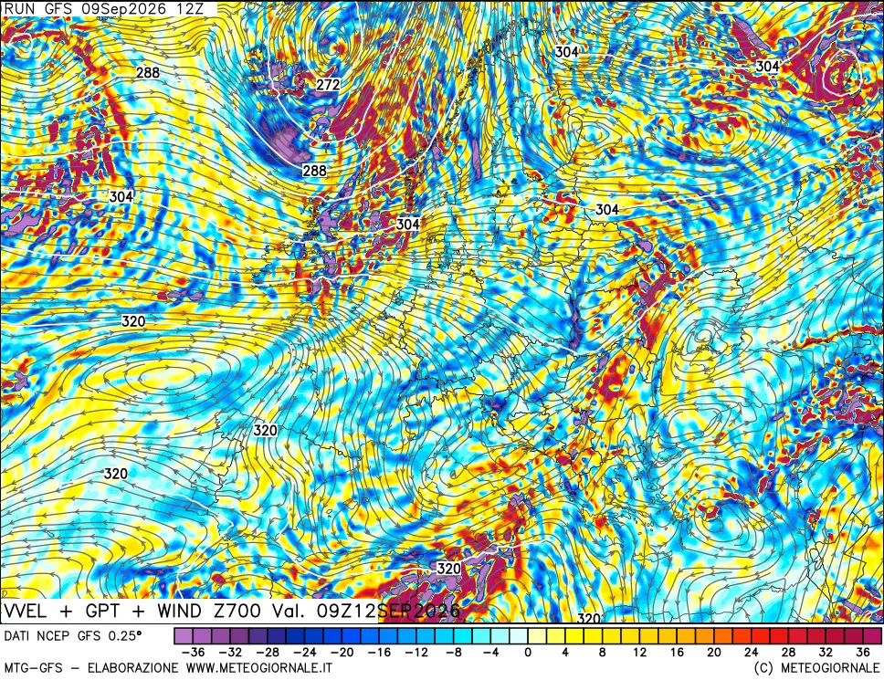 mappa 700 hPa Velocità verticiali + GPT + Vento