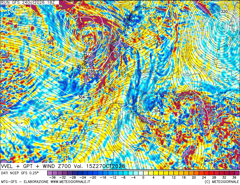 mappa 700 hPa Velocità verticiali + GPT + Vento