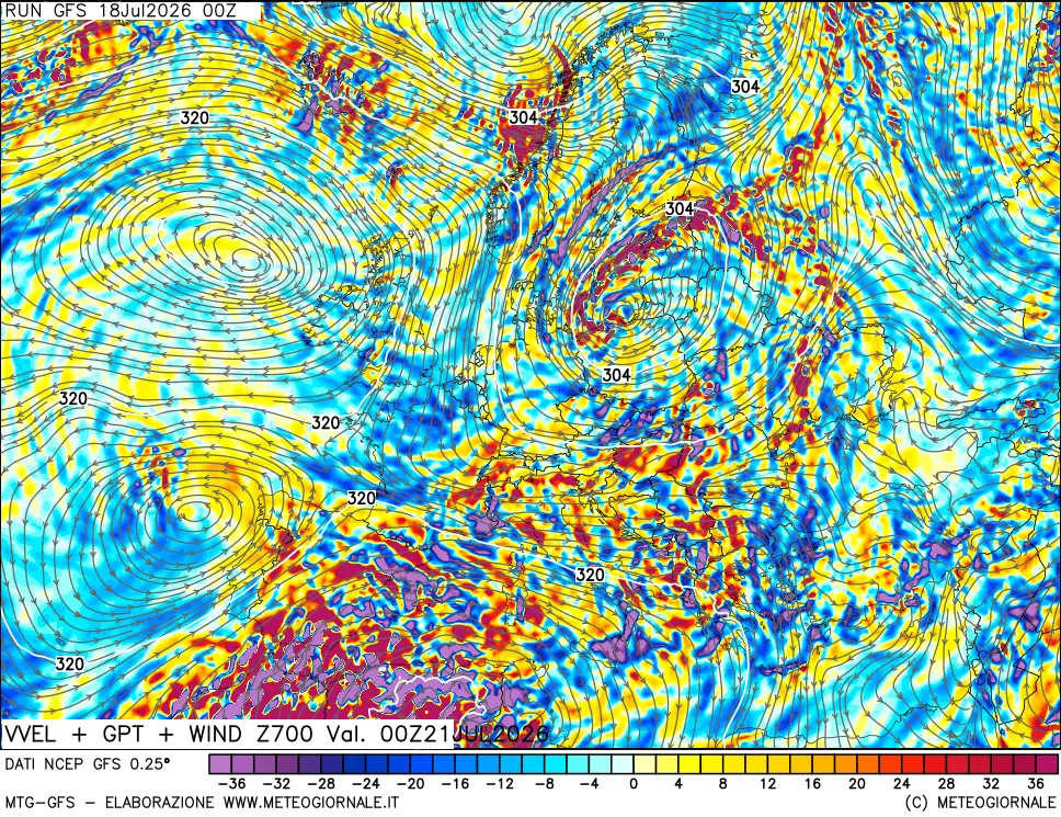 mappa 700 hPa Velocità verticiali + GPT + Vento