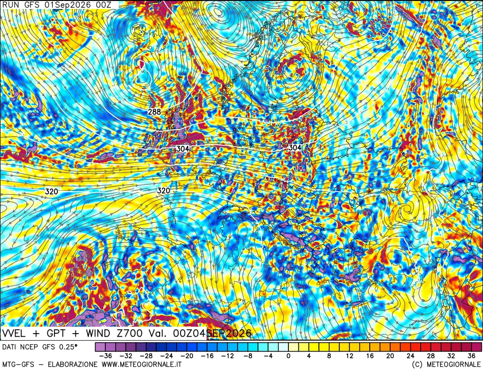 mappa 700 hPa Velocità verticiali + GPT + Vento