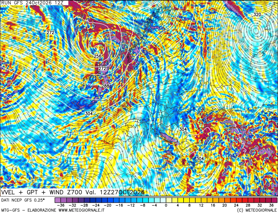 mappa 700 hPa Velocità verticiali + GPT + Vento