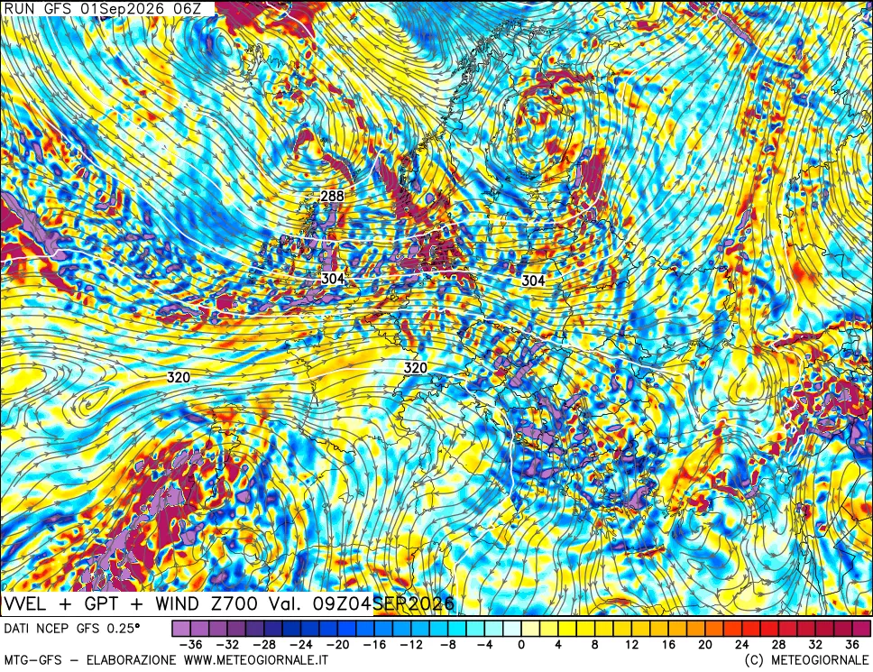 mappa 700 hPa Velocità verticiali + GPT + Vento