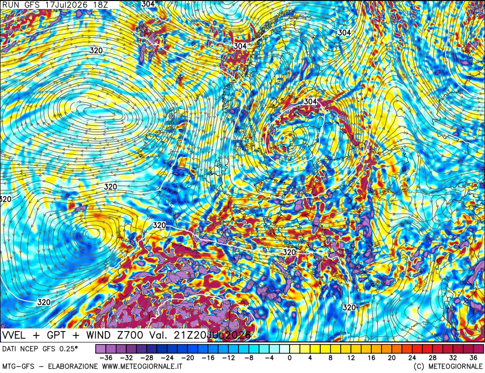 mappa 700 hPa Velocità verticiali + GPT + Vento