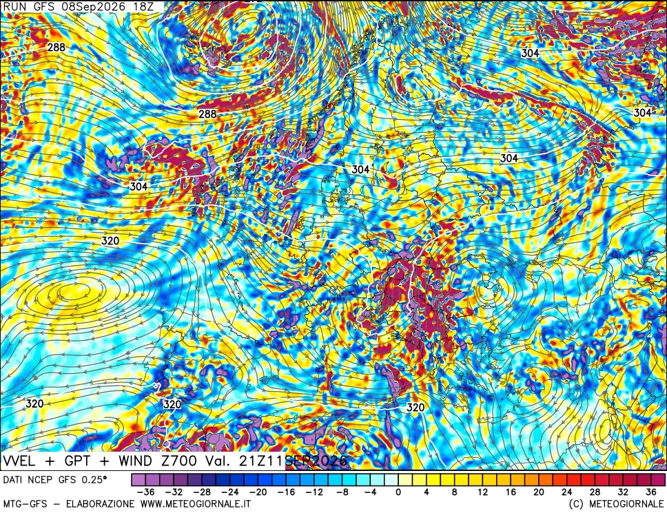 mappa 700 hPa Velocità verticiali + GPT + Vento
