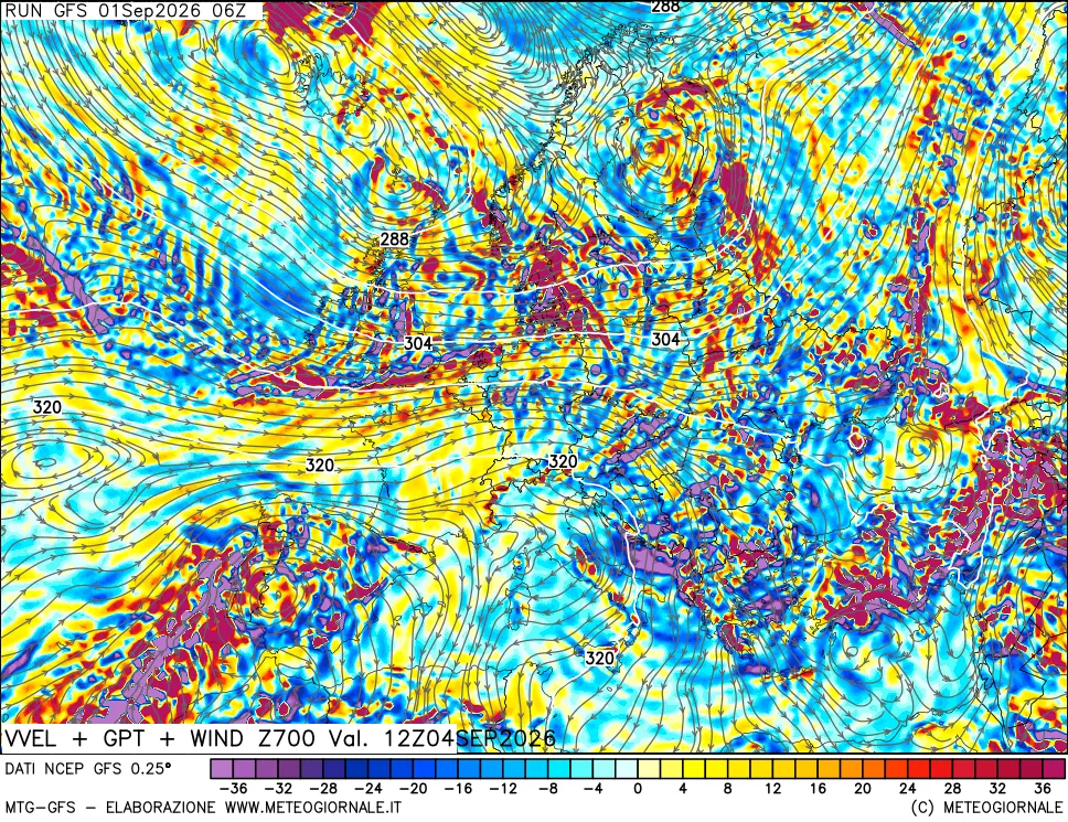mappa 700 hPa Velocità verticiali + GPT + Vento