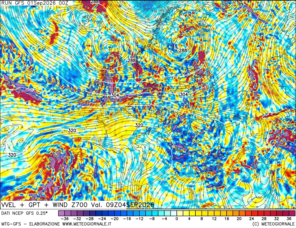 mappa 700 hPa Velocità verticiali + GPT + Vento
