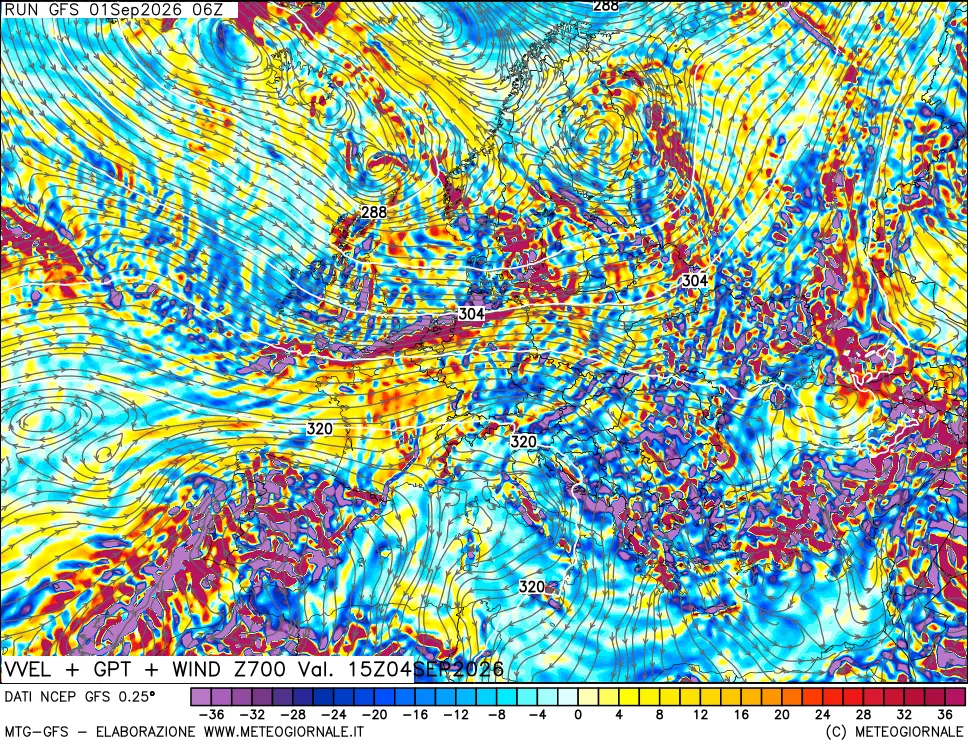 mappa 700 hPa Velocità verticiali + GPT + Vento