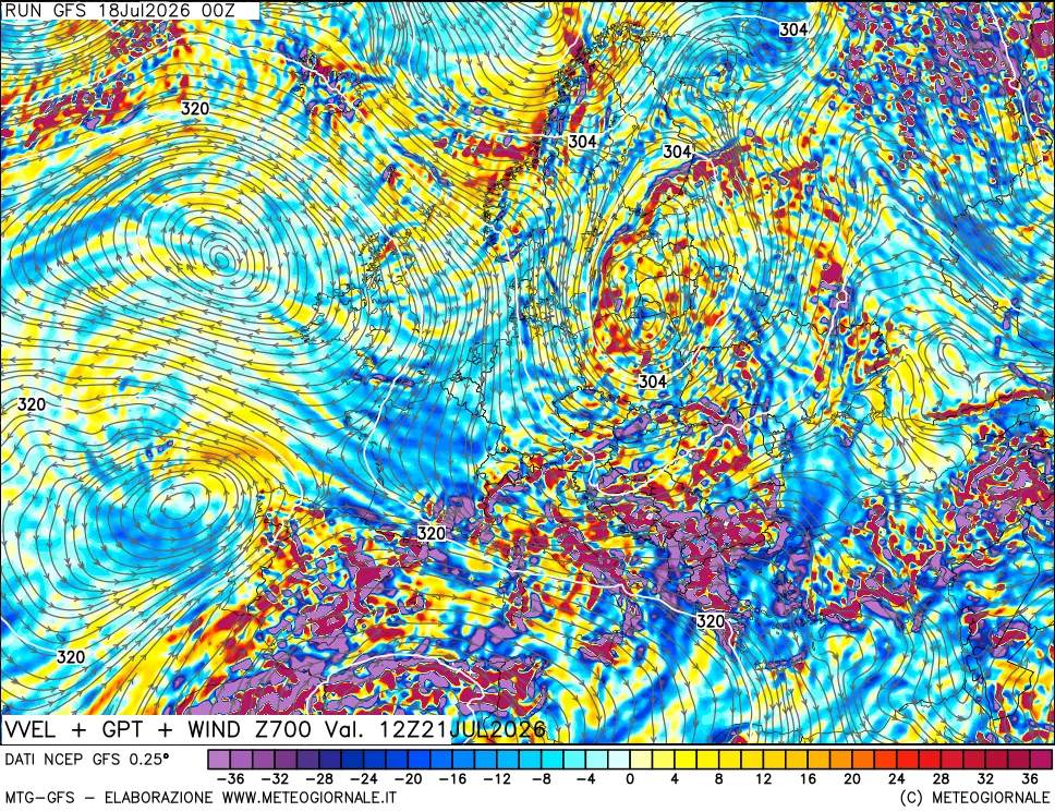 mappa 700 hPa Velocità verticiali + GPT + Vento