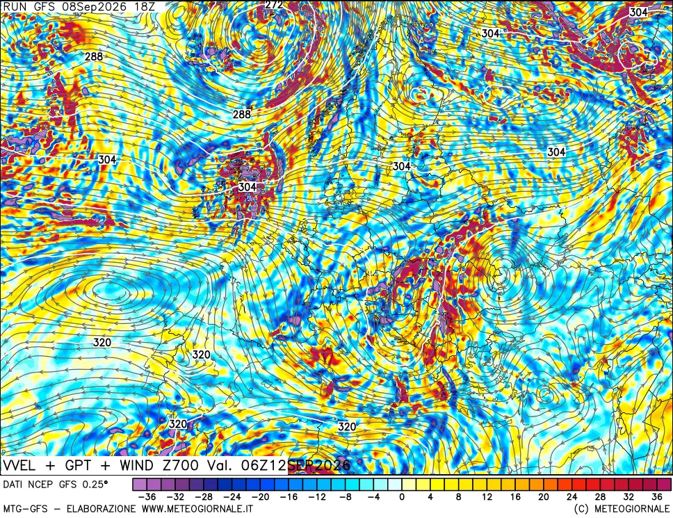 mappa 700 hPa Velocità verticiali + GPT + Vento