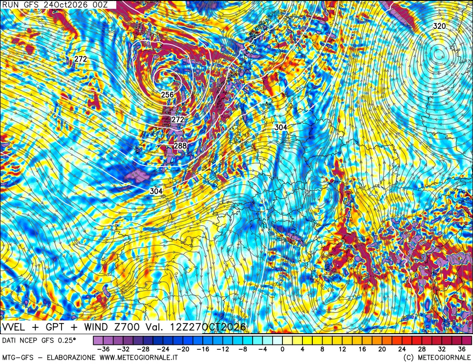 mappa 700 hPa Velocità verticiali + GPT + Vento