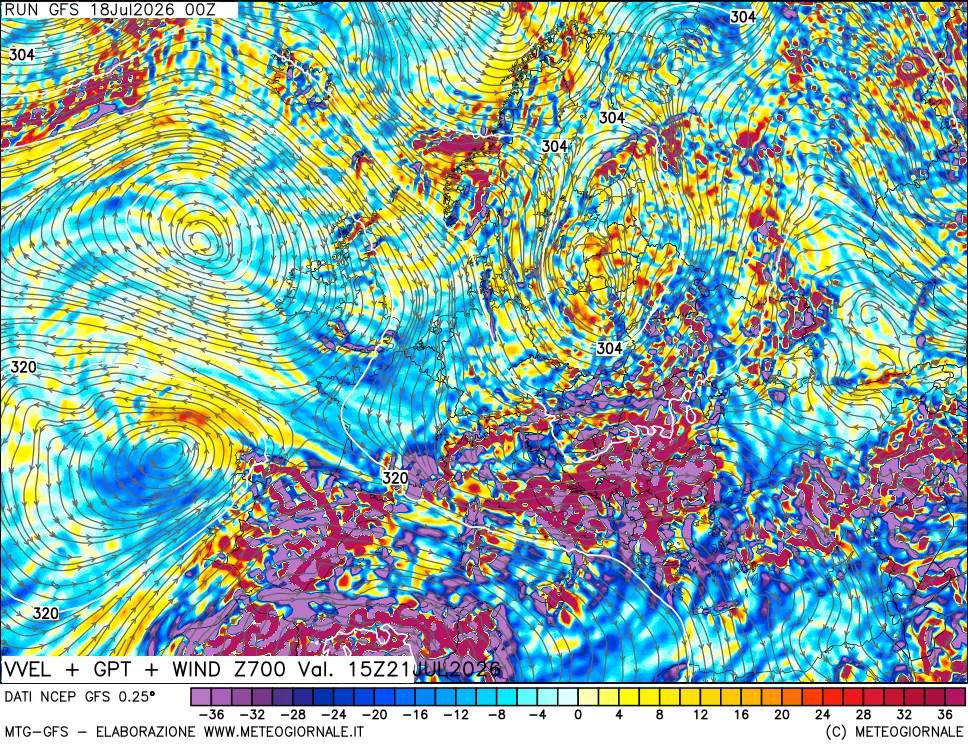 mappa 700 hPa Velocità verticiali + GPT + Vento