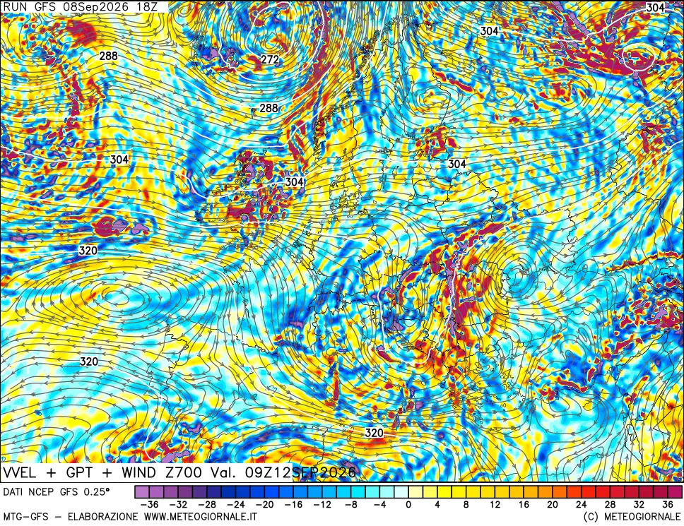 mappa 700 hPa Velocità verticiali + GPT + Vento