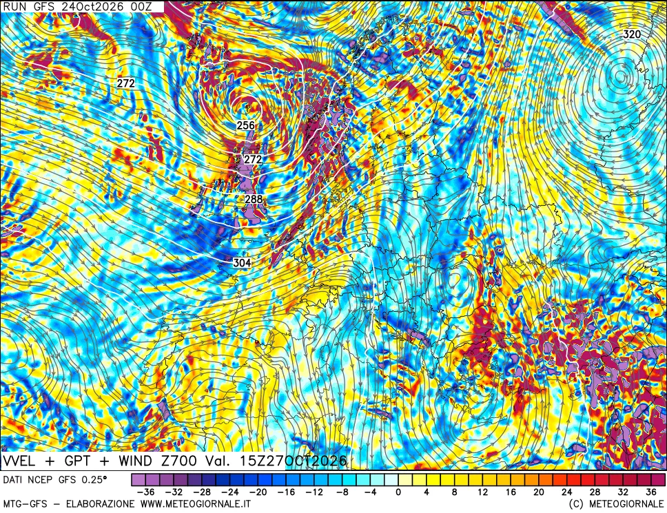 mappa 700 hPa Velocità verticiali + GPT + Vento