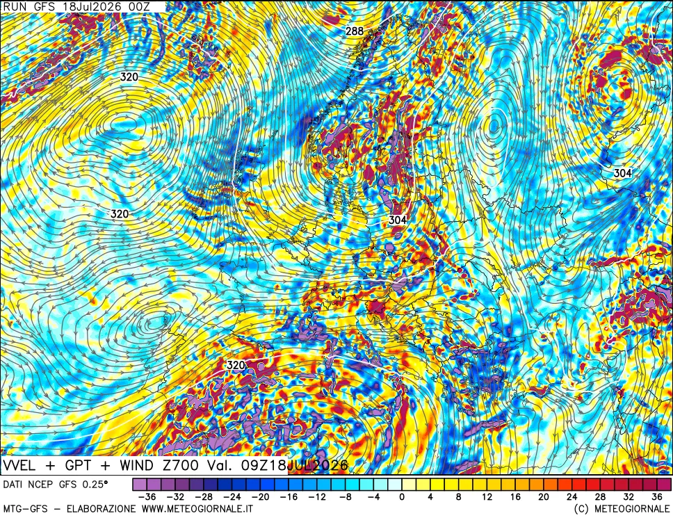 mappa 700 hPa Velocità verticiali + GPT + Vento