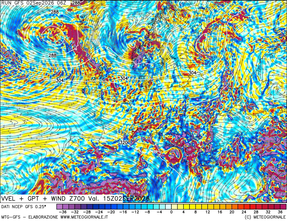 mappa 700 hPa Velocità verticiali + GPT + Vento