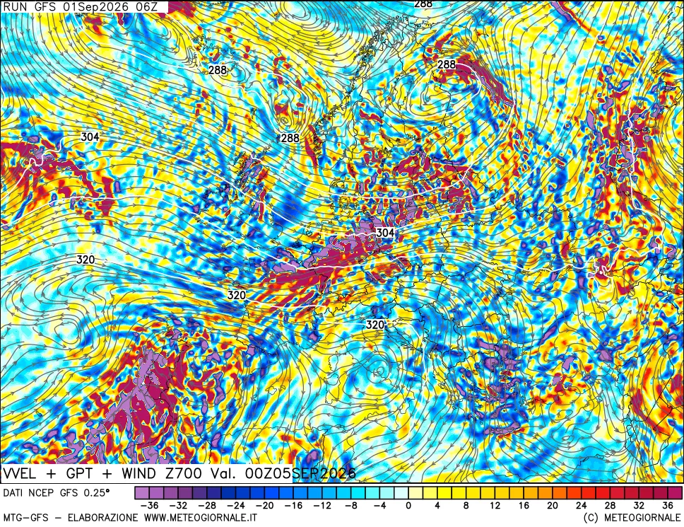mappa 700 hPa Velocità verticiali + GPT + Vento